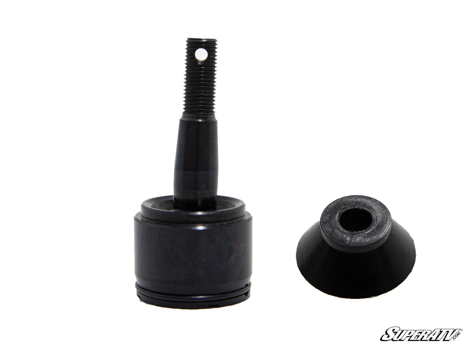 A Polaris Heavy-Duty Strut Ball Joint with a threaded stud stands upright beside its black rubber boot on a white background. The SuperATV logo is displayed in the bottom right corner.