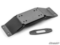 The Polaris Ranger SP 570 Winch Mounting Plate, featuring a black metal design with multiple bolt holes and angled flanges, is pictured with a matching fairlead mount. The SuperATV logo appears in the lower right corner on a white background.