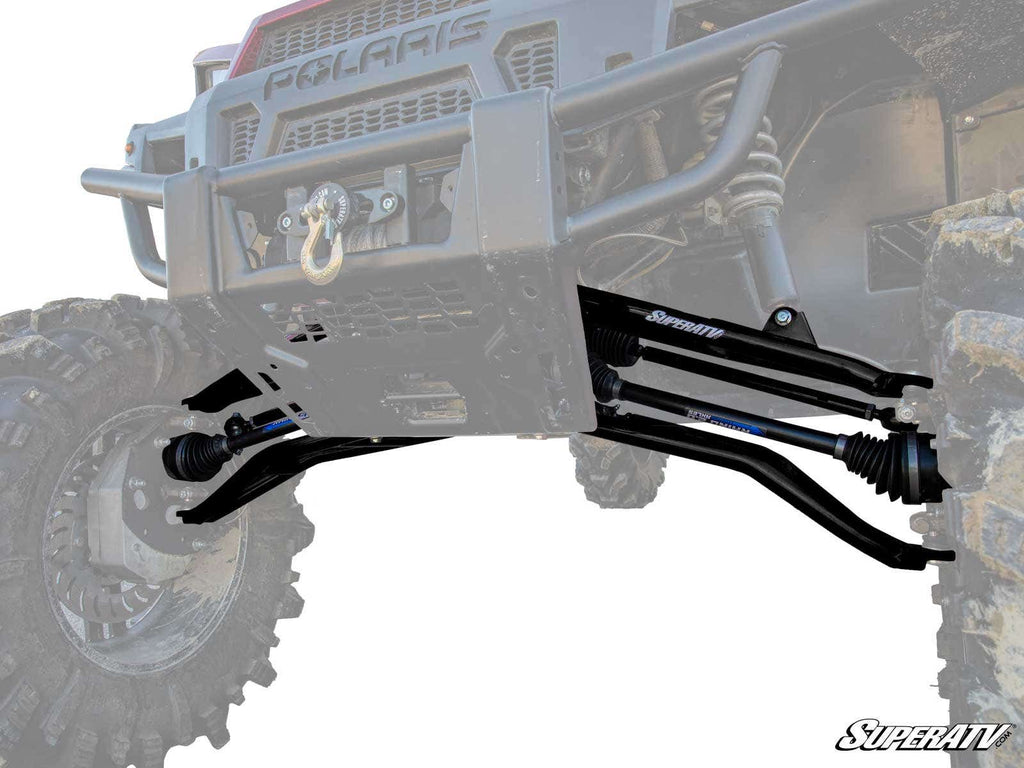 Close-up of a Polaris Ranger XP 900 with High Clearance 2 Forward Offset A-Arms from SuperATV, showing heavy-duty black suspension, axles, shocks, large rugged tires, metal bumper, winch, and visible “SuperATV” branding.