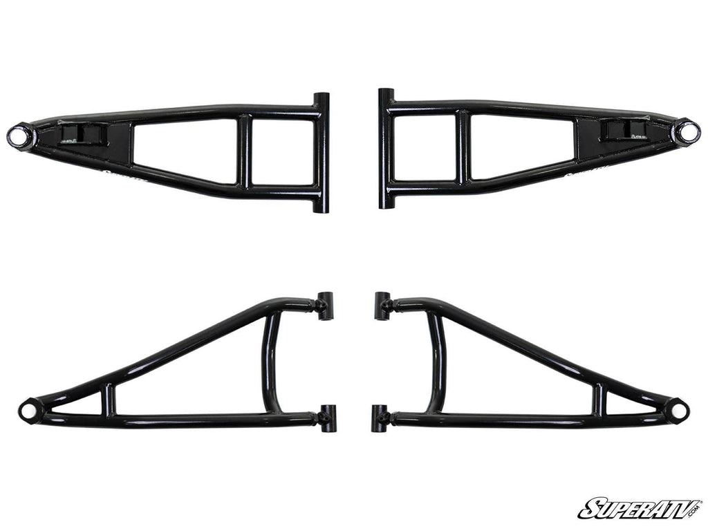 Four black metal control arms—two upper and two lower—from the Polaris Ranger XP 1000 6 Lift Kit are arranged in pairs on a white background. Each arm has welded joints and mounting points; the SuperATV logo appears at the lower right.