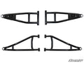Four black metal control arms—two upper and two lower—from the Polaris Ranger XP 1000 6 Lift Kit are arranged in pairs on a white background. Each arm has welded joints and mounting points; the SuperATV logo appears at the lower right.