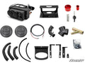 A Polaris Ranger XP 900 Cab Heater kit is displayed on a white background, showing the black heater unit, mounting brackets, wiring, hoses, vent covers, hole saw, metal fittings, clamps, hardware bag, and SuperATV logo in the bottom right.