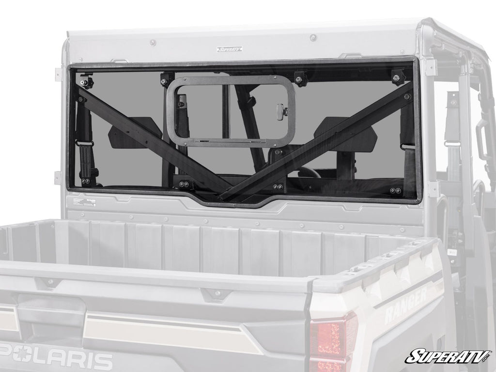 A Bobcat UV34 Sliding Rear Windshield with clear glass, black mounting hardware, and a sliding center panel is installed on a Polaris side-by-side utility vehicle. The SuperATV logo is in the bottom right corner of the image.