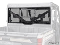 A Bobcat UV34 Sliding Rear Windshield with clear glass, black mounting hardware, and a sliding center panel is installed on a Polaris side-by-side utility vehicle. The SuperATV logo is in the bottom right corner of the image.