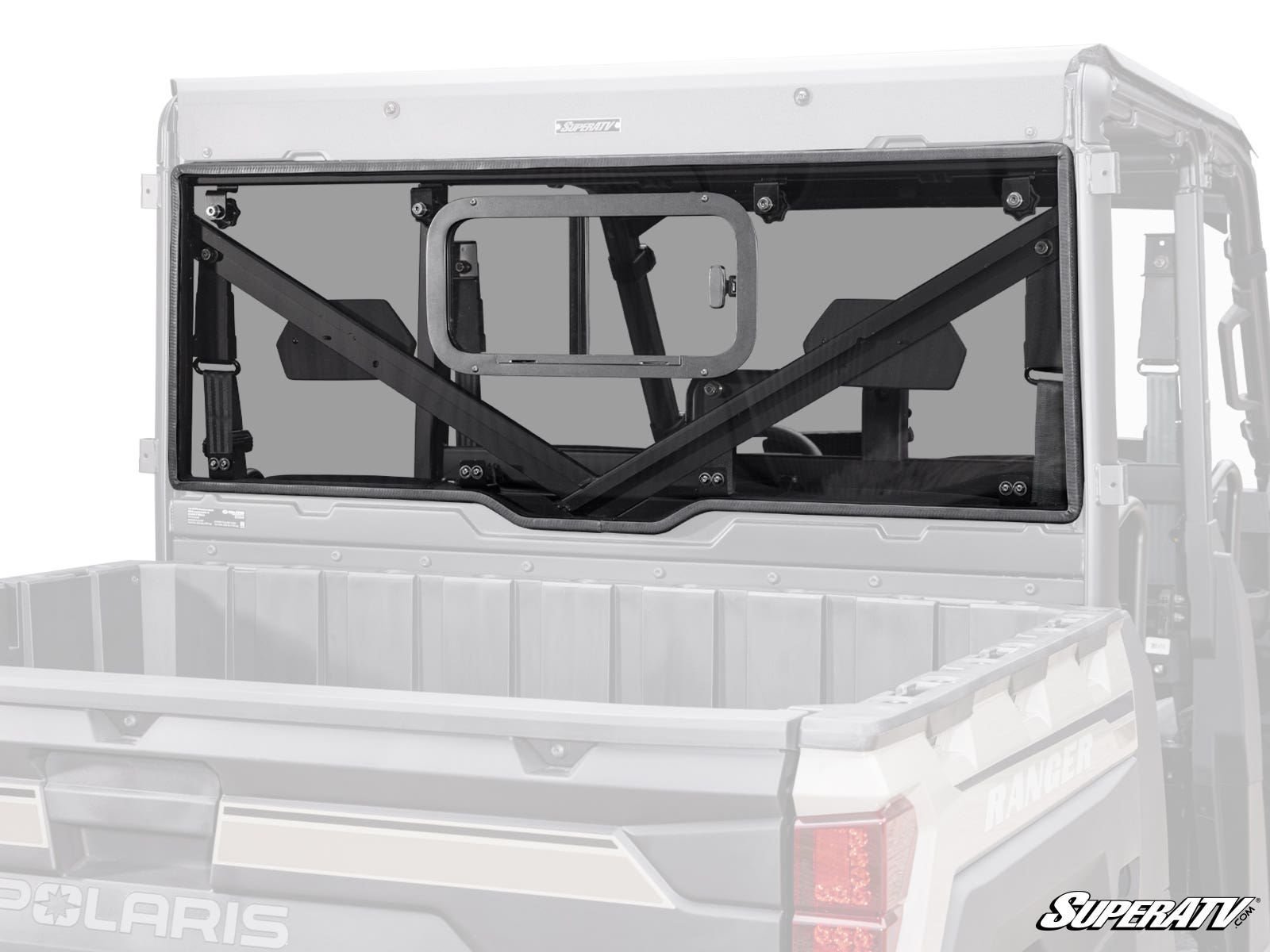 A Bobcat UV34 Sliding Rear Windshield with clear glass, black mounting hardware, and a sliding center panel is installed on a Polaris side-by-side utility vehicle. The SuperATV logo is in the bottom right corner of the image.