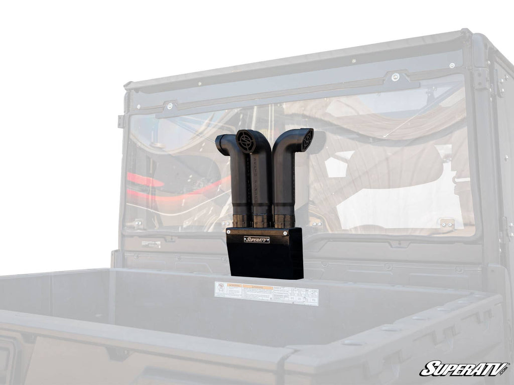 A black Polaris Ranger Depth Finder Snorkel Kit with dual curved snorkel pipes is centered in front of a faded UTV cargo bed, highlighting its design and branding. The SuperATV logo appears in the lower right corner.