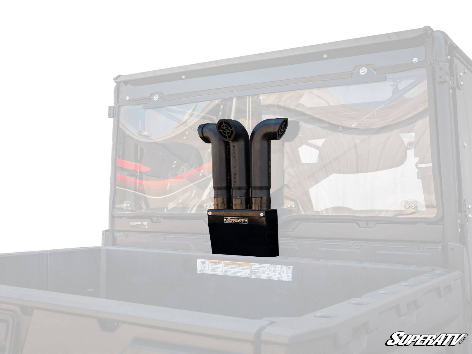 A black Polaris Ranger Depth Finder Snorkel Kit with dual curved snorkel pipes is centered in front of a faded UTV cargo bed, highlighting its design and branding. The SuperATV logo appears in the lower right corner.
