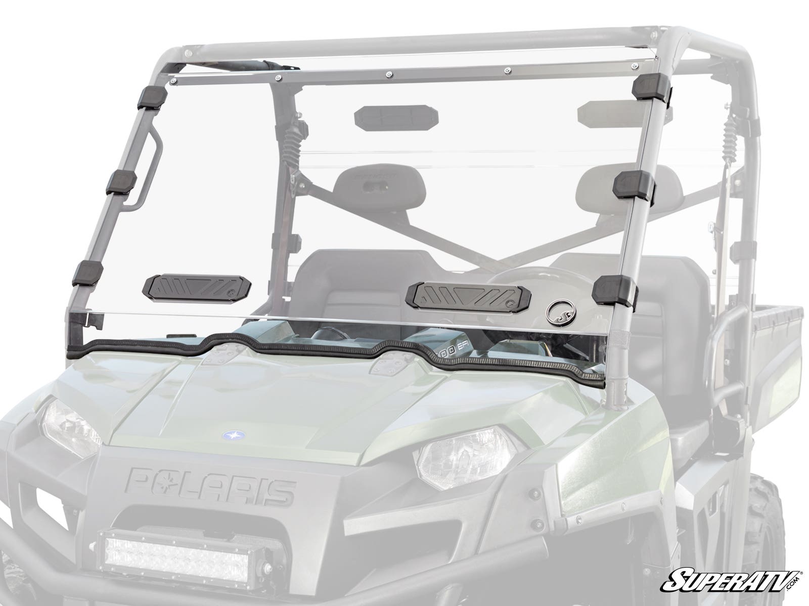 A Polaris Ranger Full-Size 570 Vented Full Windshield with black mounts is installed on a green Polaris utility vehicle. The windshield has two adjustable vent panels near the bottom center and displays the SuperATV logo in the lower right corner.
