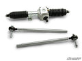 The Polaris Ranger XP 570 RackBoss 2.0 Rack and Pinion features a sturdy metal steering rack with black rubber boots and two silver tie rods with ball joints, all shown on a white background. The SuperATV logo appears in the bottom right corner.