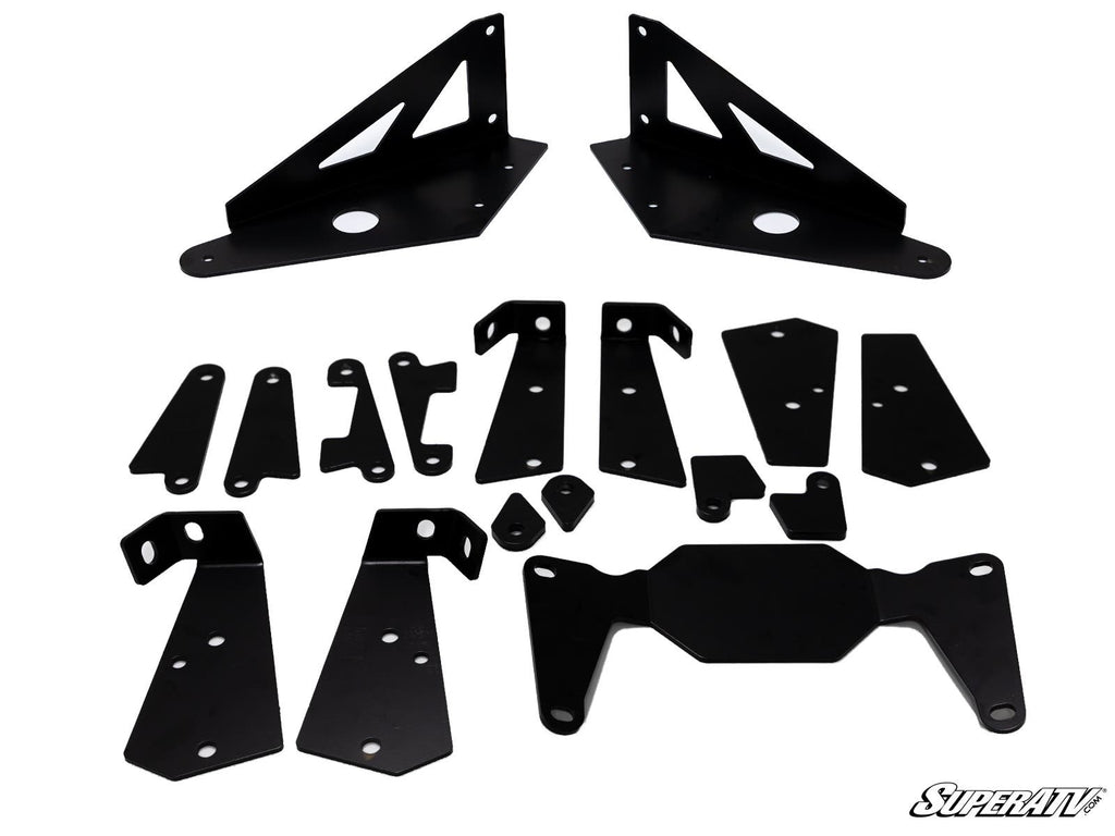 A set of black, metal Gravely Atlas JSV Frame Stiffener brackets and mounting plates of various sizes, with smooth edges and multiple mounting holes, are arranged on a white background. The SuperATV logo appears in the bottom right corner.