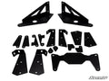 A set of black, metal Gravely Atlas JSV Frame Stiffener brackets and mounting plates of various sizes, with smooth edges and multiple mounting holes, are arranged on a white background. The SuperATV logo appears in the bottom right corner.