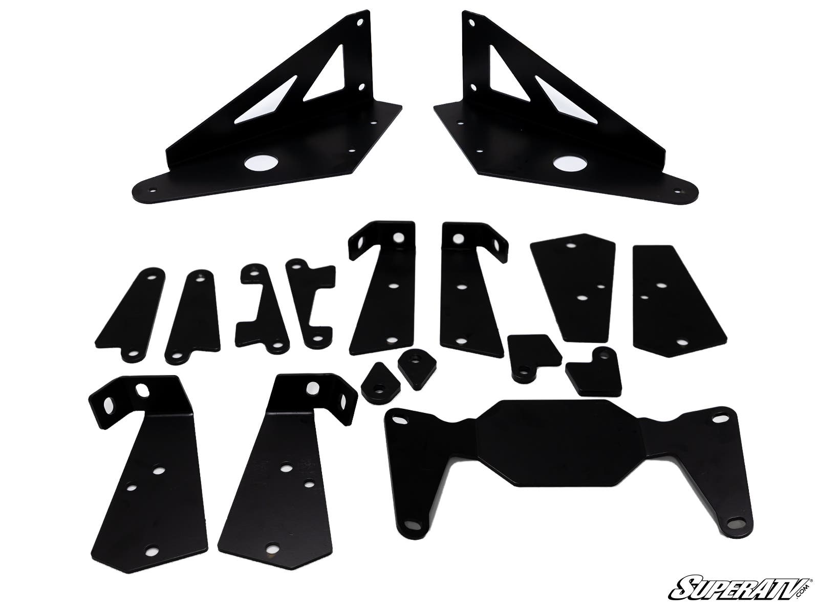 A set of black, metal Gravely Atlas JSV Frame Stiffener brackets and mounting plates of various sizes, with smooth edges and multiple mounting holes, are arranged on a white background. The SuperATV logo appears in the bottom right corner.
