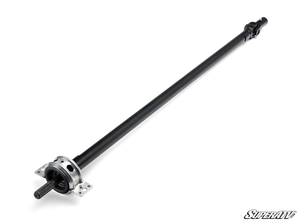The Up & Running Polaris Ranger XP 570 Crew Prop Shaft Replacement is a black metal driveshaft with a yoke at one end and a flange at the other, shown diagonally on a white background. The SuperATV logo is in the bottom right corner.