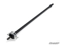 The Up & Running Polaris Ranger XP 570 Crew Prop Shaft Replacement is a black metal driveshaft with a yoke at one end and a flange at the other, shown diagonally on a white background. The SuperATV logo is in the bottom right corner.