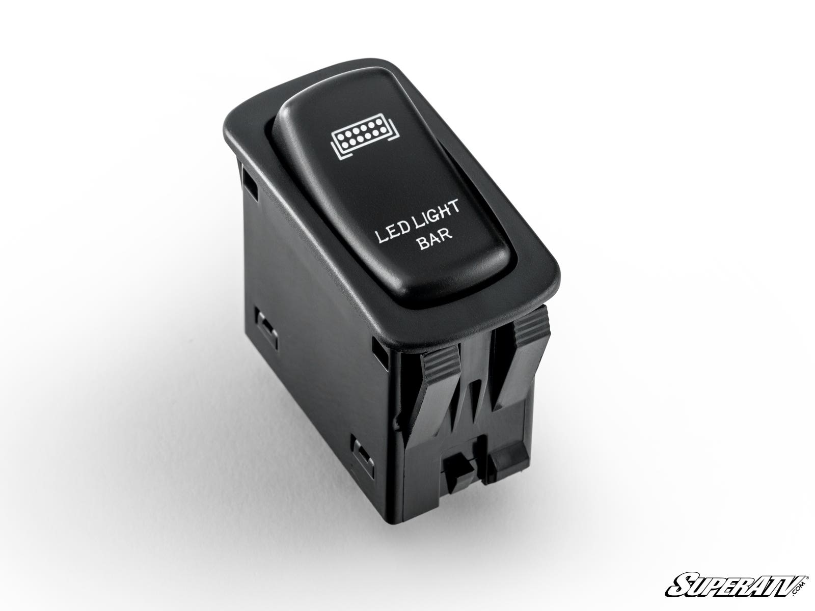 The L-Series Polaris Ranger 1000 Rocker Switch is a black rectangular switch labeled “LED LIGHT BAR” with a white light bar icon, designed for vehicle mounting. It features a glossy finish, shown on a white background, with the SuperATV logo at the bottom