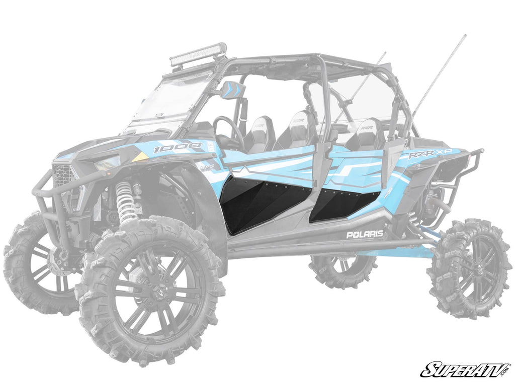 A blue four-seat Polaris RZR XP 4 ATV is shown with large off-road tires, a roof light bar, and SuperATV black aftermarket Polaris RZR XP 4 Turbo Lower Doors on a white background with the SuperATV logo in the lower right corner.