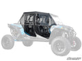 A set of Polaris RZR XP 4 Turbo Cab Enclosure Doors in black, with clear windows and sturdy frames, is installed on the side of a blue Polaris off-road vehicle. The rest of the vehicle is faded to highlight the doors as the main feature.