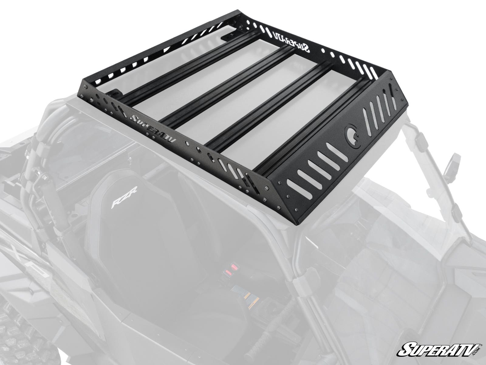 A Polaris RZR 900 Outfitter Sport Roof Rack with slotted sides and cross bars is mounted atop a grayscale Polaris RZR. The black metal rack stands out in color, with SUPERATV branding visible on the rack and image corner.