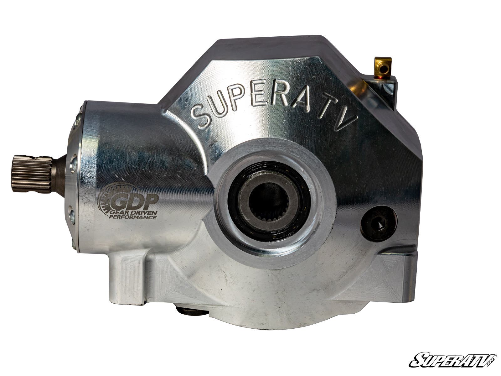 A shiny, silver Polaris General Complete Differential features “SUPERATV” on the front, “GDP GEAR DRIVEN PERFORMANCE” on the side, a central circular bearing, and a protruding spline shaft. Isolated on white with the SuperATV logo in the corner.