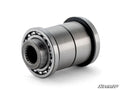 A close-up of the Polaris Differential Hub Assembly shows its shiny, metallic cylindrical design with grooves, a splined inner bore, and visible ball bearings. The SuperATV logo is displayed in the bottom right corner on a white background.