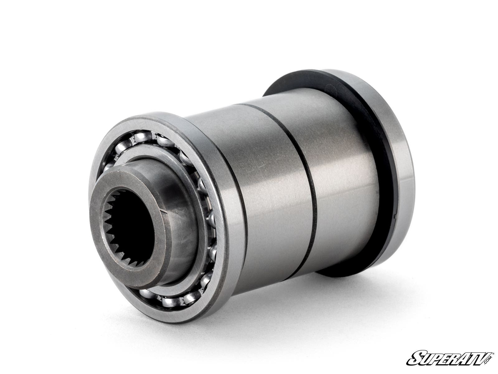 A close-up of the Polaris Differential Hub Assembly shows its shiny, metallic cylindrical design with grooves, a splined inner bore, and visible ball bearings. The SuperATV logo is displayed in the bottom right corner on a white background.