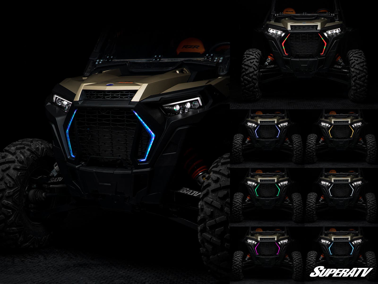 A rugged off-road vehicle with a custom Polaris RZR Fang Lights grill is shown. The main image features blue LEDs, while six smaller images show the grill in red, purple, orange, green, pink, and white LEDs. SuperATV logo appears in the corner on a dark b