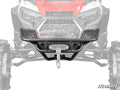 Polaris RZR Trail 900 Winch-Ready Front Bounty Bumper shown on an off-road vehicle, featuring a black metal build, central winch plate, side platforms with holes, and attached winch hook. SuperATV logo in the bottom right; background vehicle is grayed out