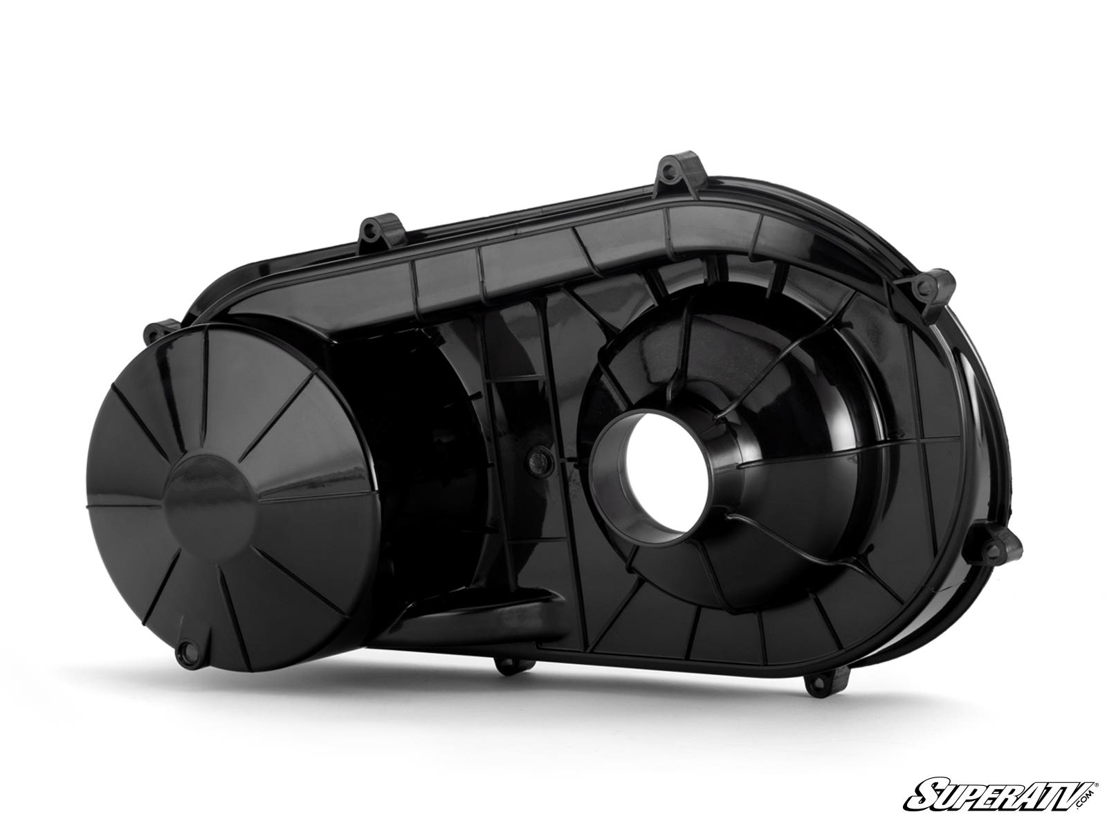 A glossy black plastic Up & Running Polaris RZR XP 1000 Clutch Cover with a circular opening and multiple mounting points rests on a white background. The stylized SuperATV logo appears in the lower right corner.