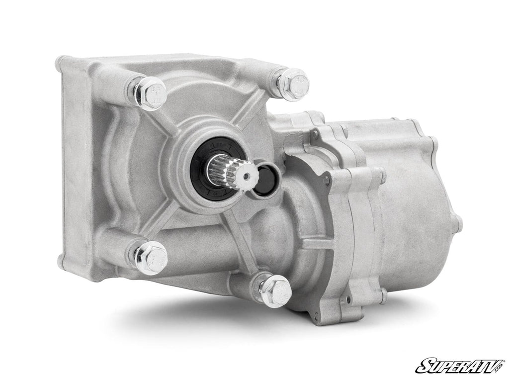 The Polaris Ranger Power Steering Motor Replacement features a metal gearbox with a matte silver cylindrical housing, visible bolts, and a central splined shaft. The SuperATV logo appears in the lower right corner against a plain white background.