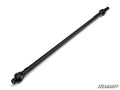 The Up & Running Polaris RZR 800 Front Prop Shaft Replacement, a black metal driveshaft with universal joints, is displayed diagonally on a white background. The SuperATV logo is in the lower right corner. The shaft is cylindrical and evenly machined.