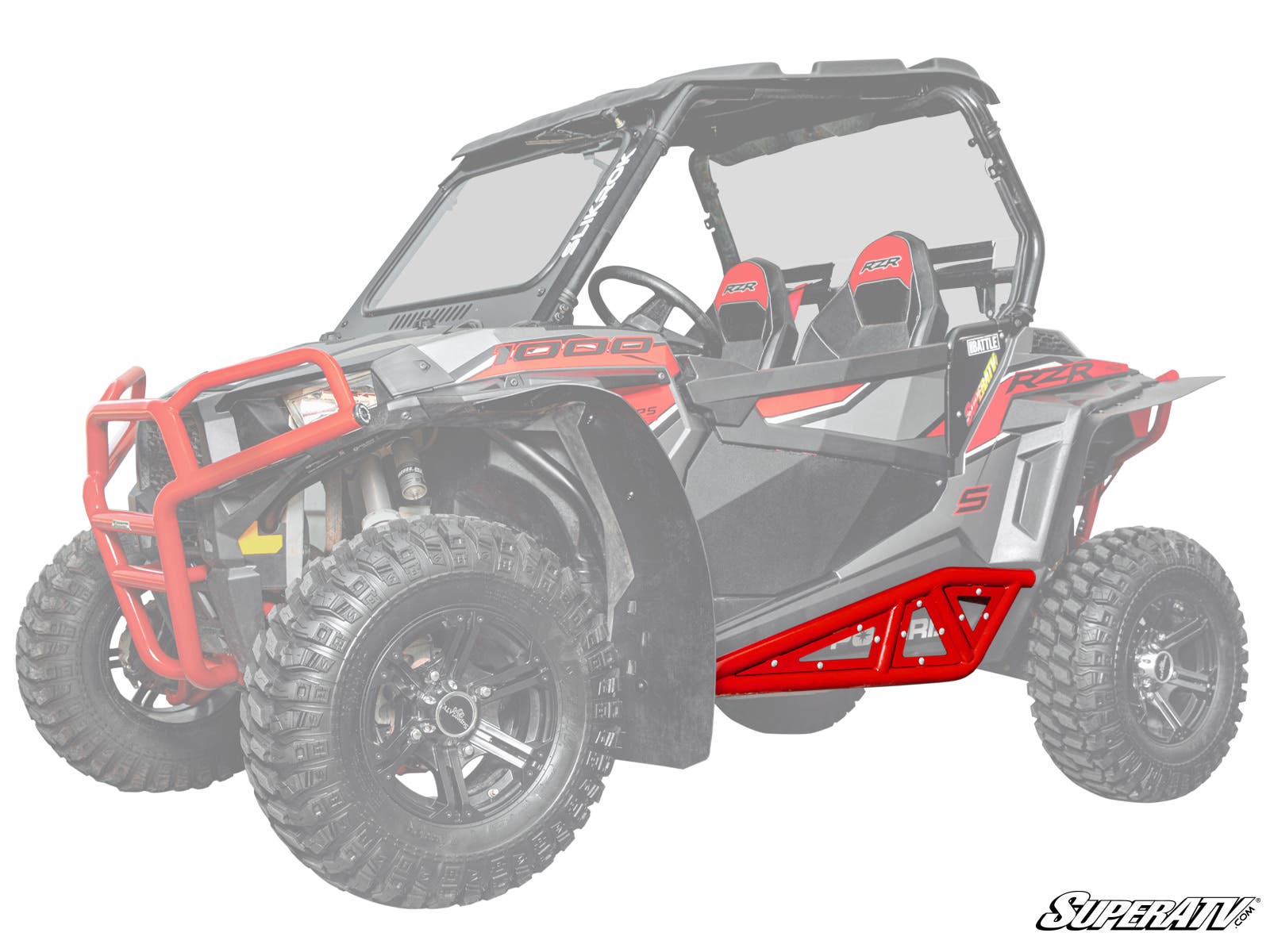 A Polaris RZR 900 is shown with heavy-duty tube rock sliders highlighted in red, along with the front bumper and lower door panels. The off-road vehicle features large rugged tires, a roll cage, and two bucket seats; the rest appears faded grey.