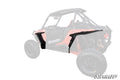 A black, angular plastic Polaris RZR XP 1000 Fender Flare is displayed in front of a semi-transparent red off-road side-by-side. The fender flare is shown separately to highlight its shape and fitment, with the SuperATV logo in the image corner.