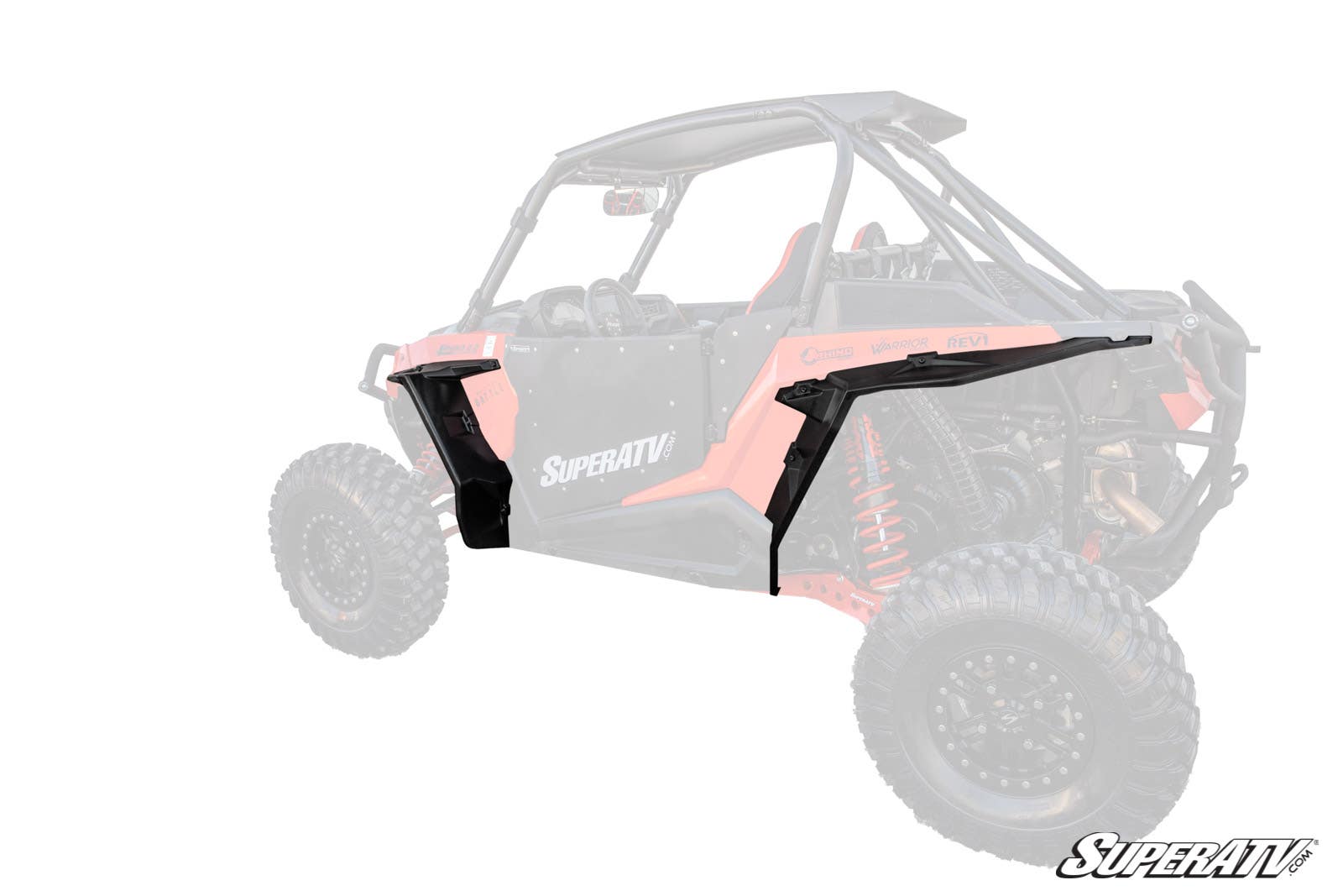 A black, angular plastic Polaris RZR XP 1000 Fender Flare is displayed in front of a semi-transparent red off-road side-by-side. The fender flare is shown separately to highlight its shape and fitment, with the SuperATV logo in the image corner.