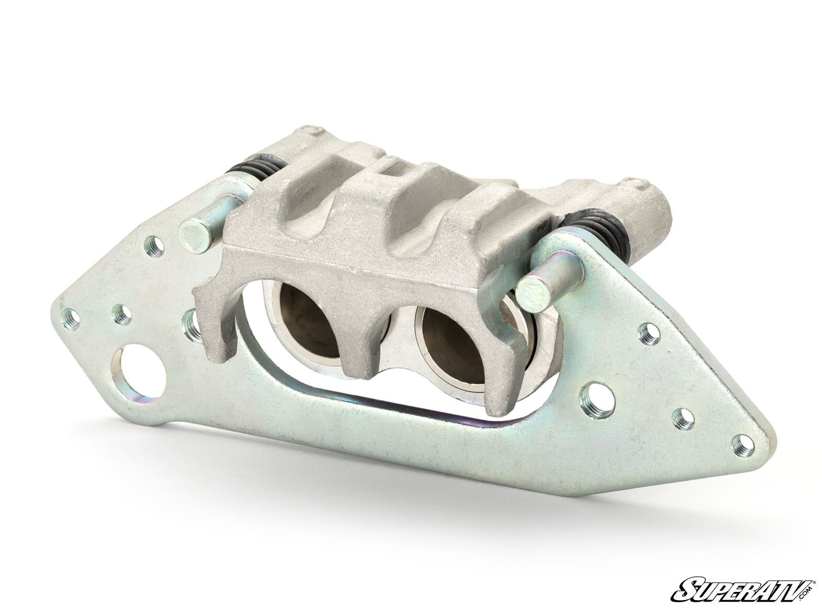 A close-up of the Up & Running Polaris General Brake Caliper shows its rugged, machined silver dual-piston design mounted on a metallic bracket with multiple holes. The SuperATV logo appears in the bottom right on a white background.