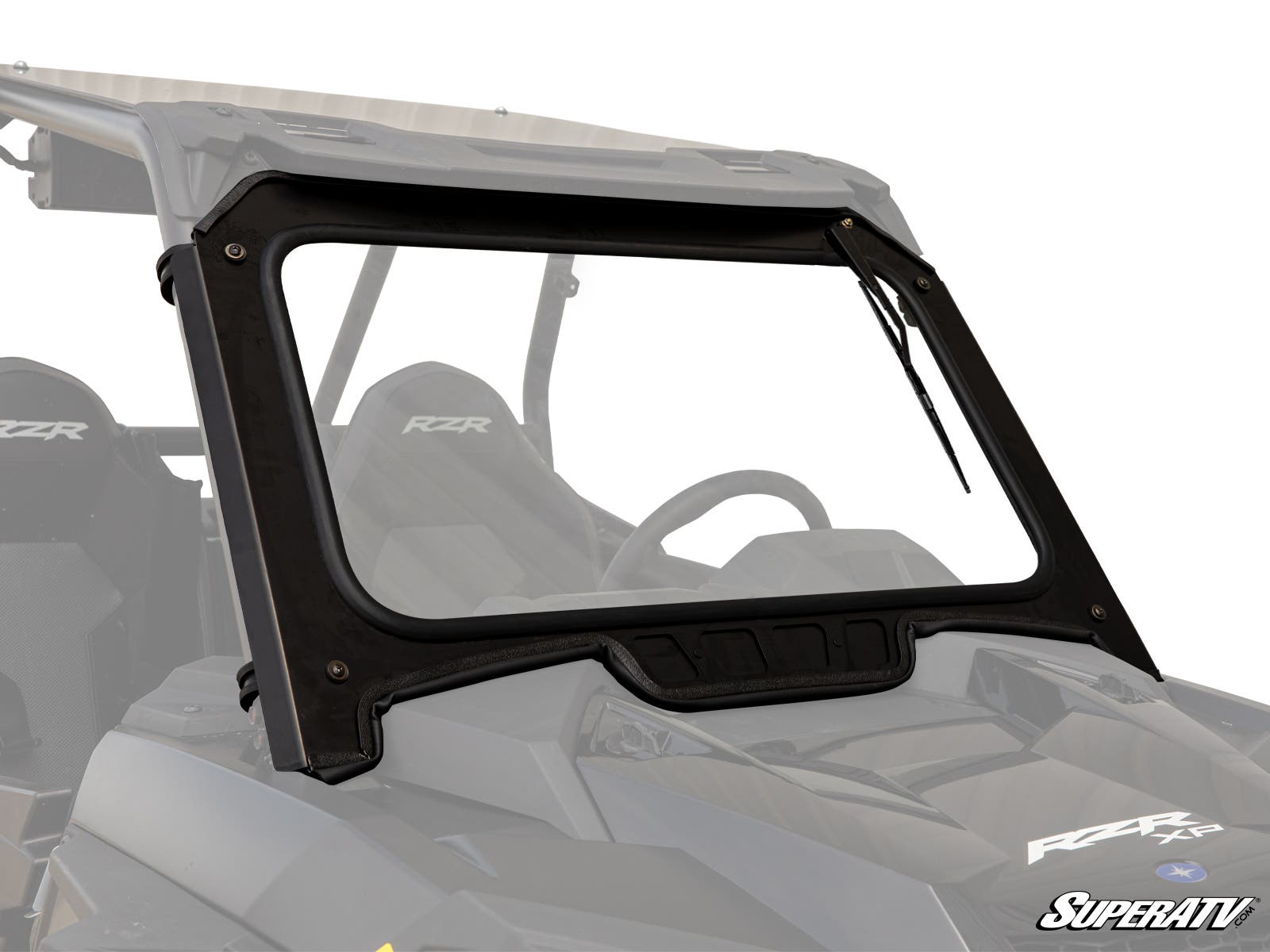 A Polaris RZR XP 1000 Glass Windshield with tinted glass, black metal frame, and wiper is mounted on a dark RZR side-by-side. The SuperATV logo is in the bottom right corner on white, with part of the vehicle’s interior visible.