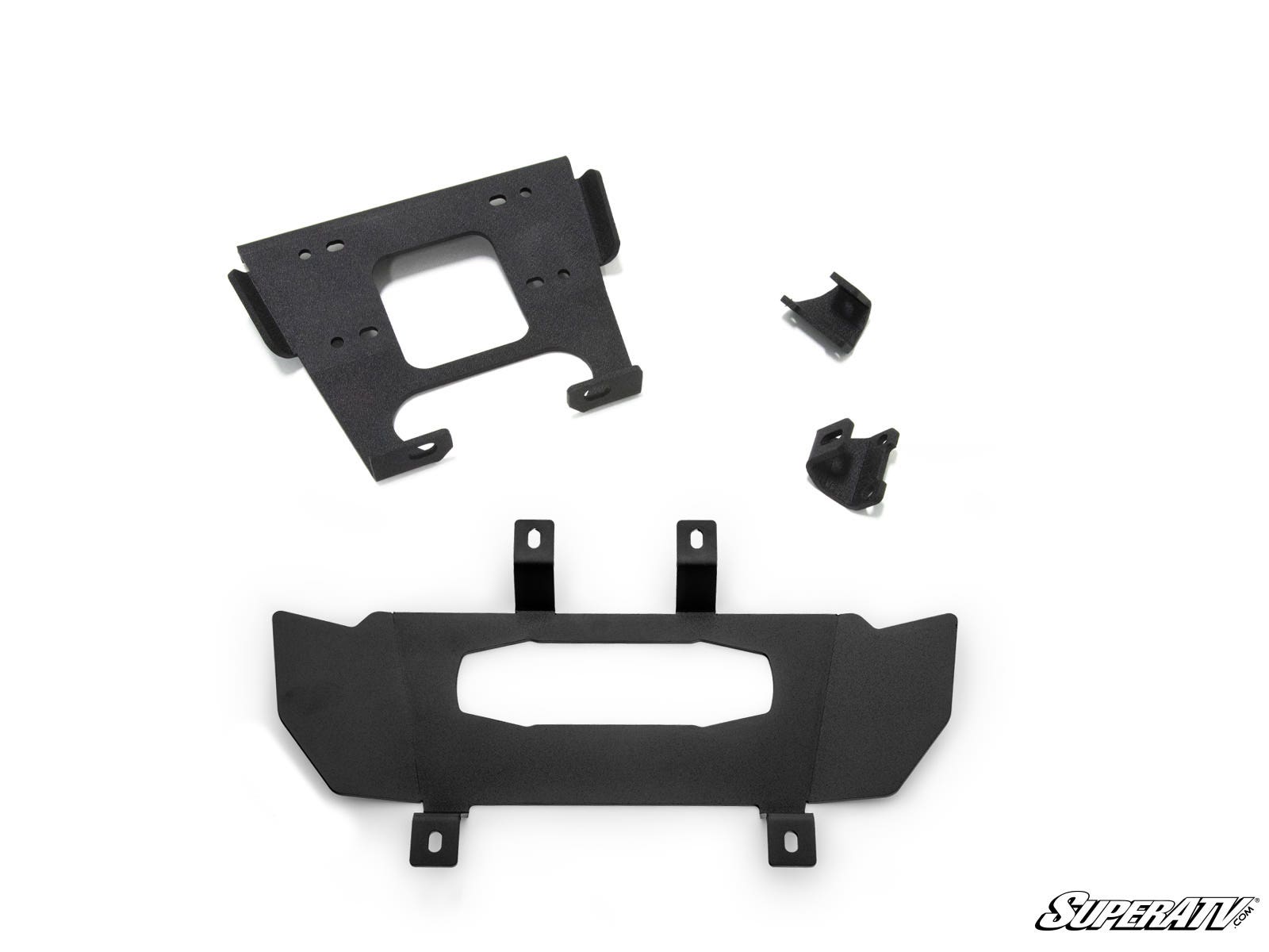 The Polaris RZR XP Turbo Winch Mounting Plate set features four black metal brackets and plates—two large flat pieces with cutouts and two smaller angular brackets—displayed on a white background. The SuperATV logo appears in the bottom right corner.