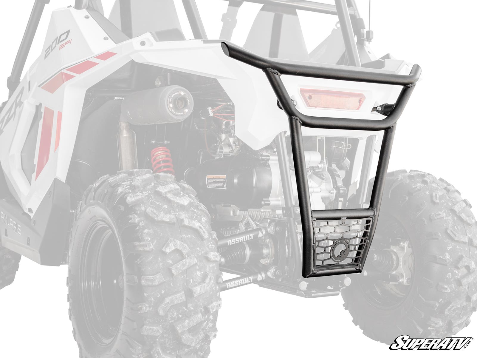 The Polaris RZR 200 Rear Bumper is shown installed on a white off-road UTV with large rugged tires and exposed suspension. The black metal bumper features a protective grill and sturdy frame, mounted over the rear tires and engine area.