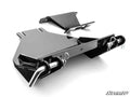 The Polaris RZR 570 Plow Pro Snow Plow Mount is a black metal bracket with a slanted, angular design and two cylindrical pins secured by cotter pins. A smaller bracket sits above, with a white background and the SuperATV logo in the bottom right corner.