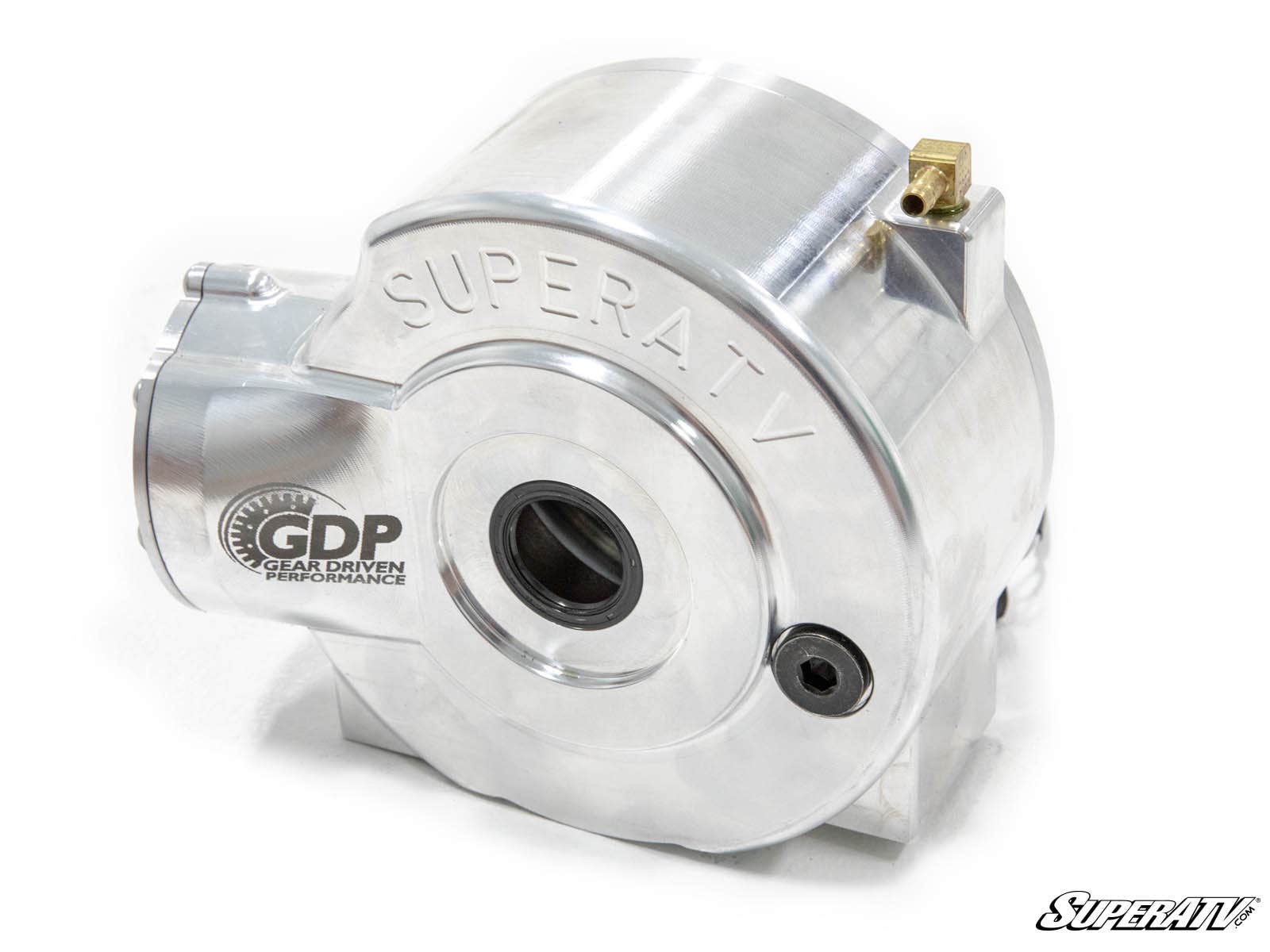 The Polaris Ace Complete Differential features a polished metal gearbox housing engraved with SUPERATV and GDP Gear Driven Performance, multiple circular sections, a brass fitting, bolted areas, and is shown on a white background with the SuperATV logo.