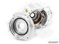 Close-up of two Polaris PRO XD Heavy-Duty Front Differential Gear Case components, showing precision-cut aluminum surfaces, circular openings, bolt holes, a gasket, and the SuperATV logo on a white background.