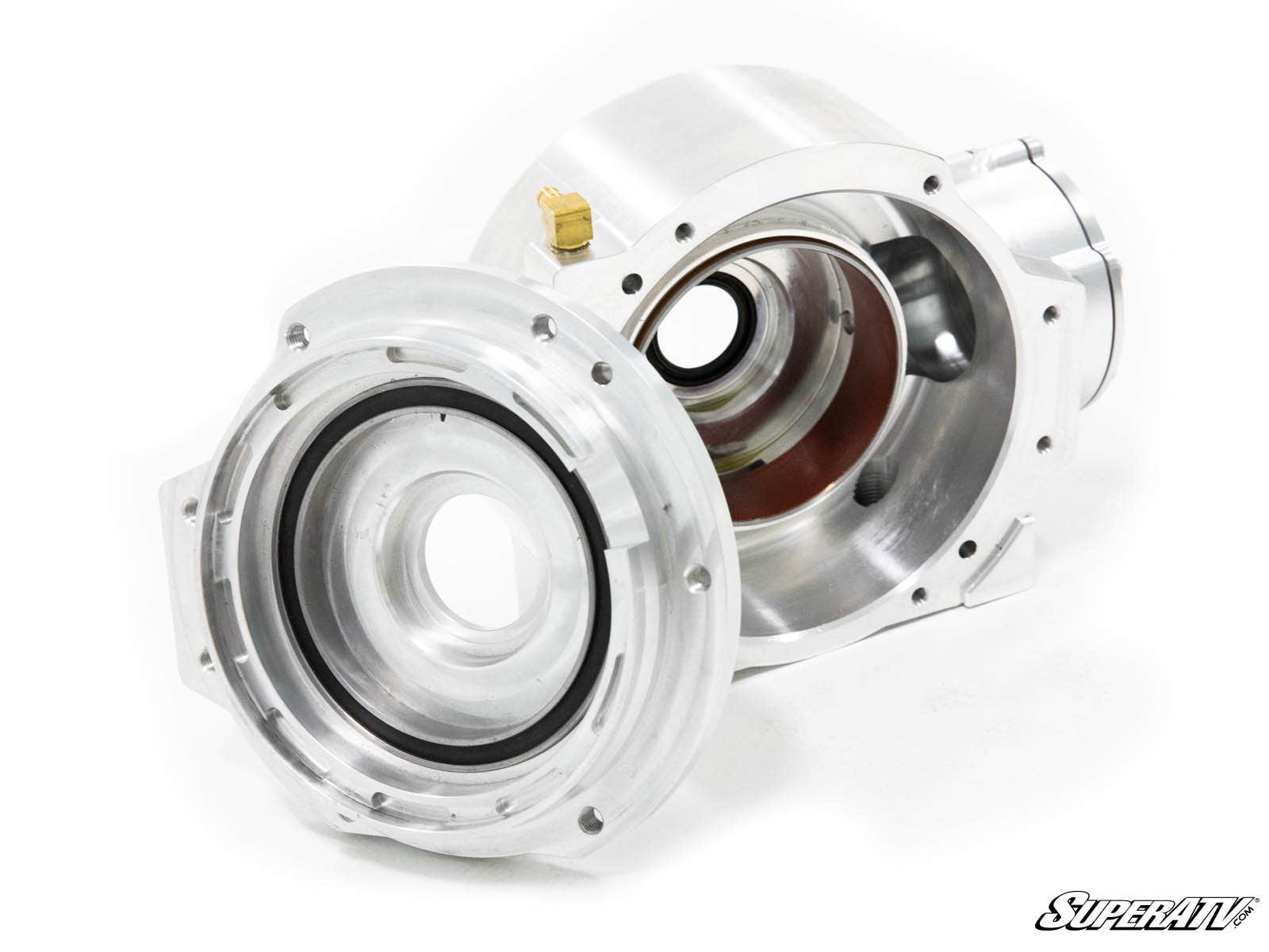 Close-up of two Polaris PRO XD Heavy-Duty Front Differential Gear Case components, showing precision-cut aluminum surfaces, circular openings, bolt holes, a gasket, and the SuperATV logo on a white background.