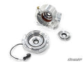 Three machined aluminum Polaris Ranger Heavy-Duty Front Differential Gear Case components are shown on a white background, including one with an electrical connector and wire, and another with a bronze bushing and brass fitting. SuperATV watermark visible
