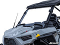 Close-up of the front left side of a gray off-road vehicle equipped with the Polaris RZR Trail 900 Full Windshield, featuring TRAIL S text, tinted glass, angular headlights, side mirror, yellow reflector, and a visible SuperATV logo. Interior is partially
