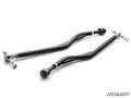 Two black, metal Z-bend tie rods with silver fittings from the Polaris RZR S 900 RackBoss 2.0 Tie Rod Kit are placed diagonally on a white background, with the “SuperATV” brand name visible in the lower right corner.