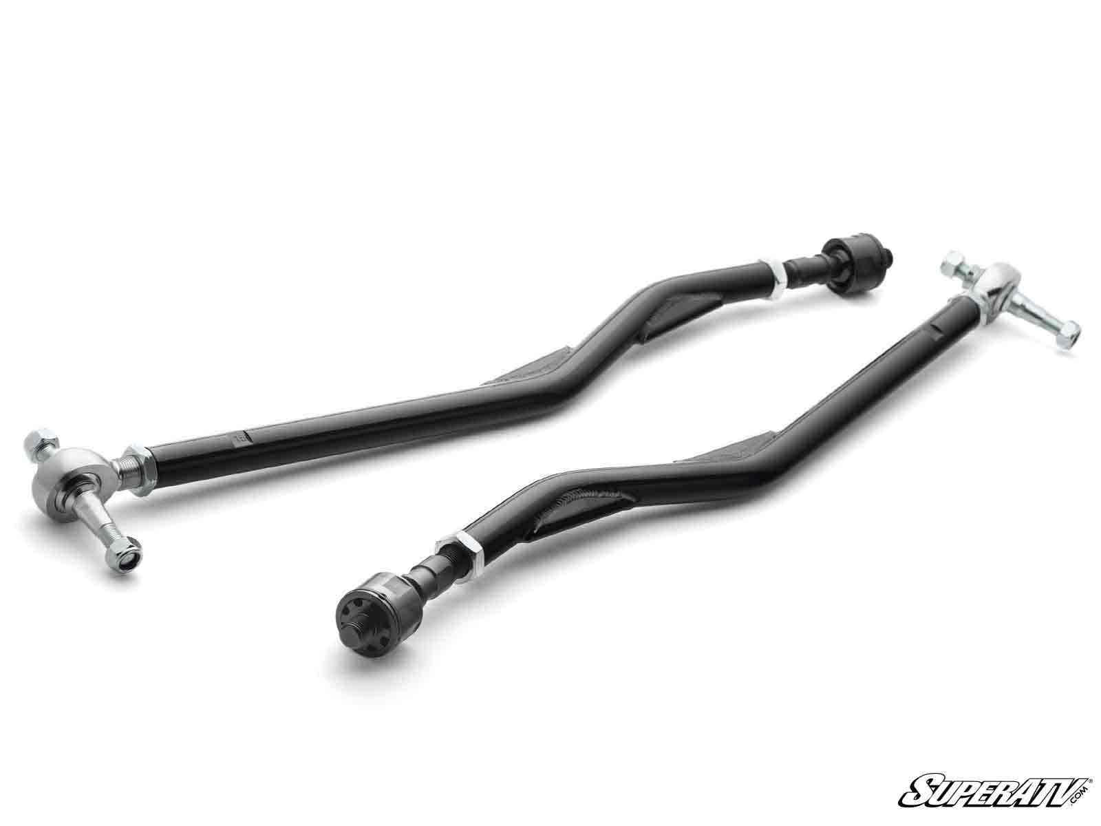 Two black, metal Z-bend tie rods with silver fittings from the Polaris RZR S 900 RackBoss 2.0 Tie Rod Kit are placed diagonally on a white background, with the “SuperATV” brand name visible in the lower right corner.