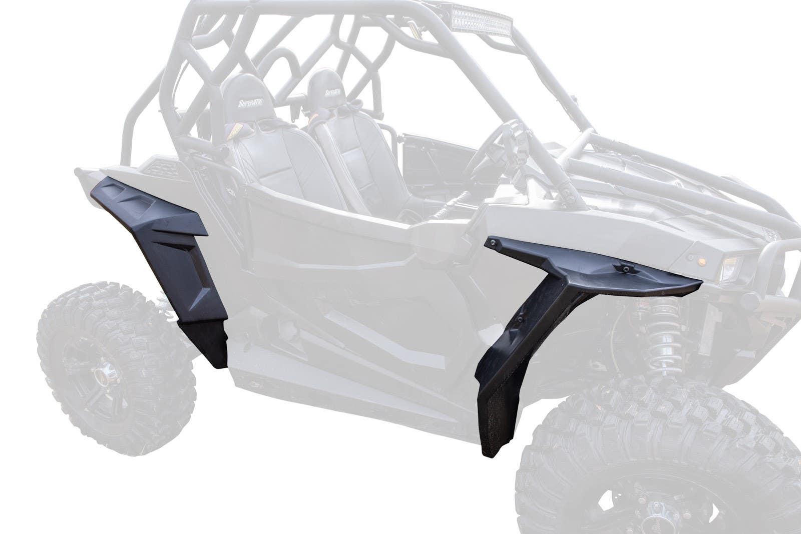 Two Polaris RZR S 1000 Fender Flares in black plastic are displayed in front of a semi-transparent off-road vehicle with large tires and a roll cage, highlighting their shape and how they mount to the vehicle’s body.