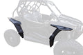 Two black Polaris RZR 900 Fender Flares are shown in the foreground, placed beside a semi-transparent off-road vehicle with roll cage, two seats, and rugged tires to illustrate where theyd be attached.
