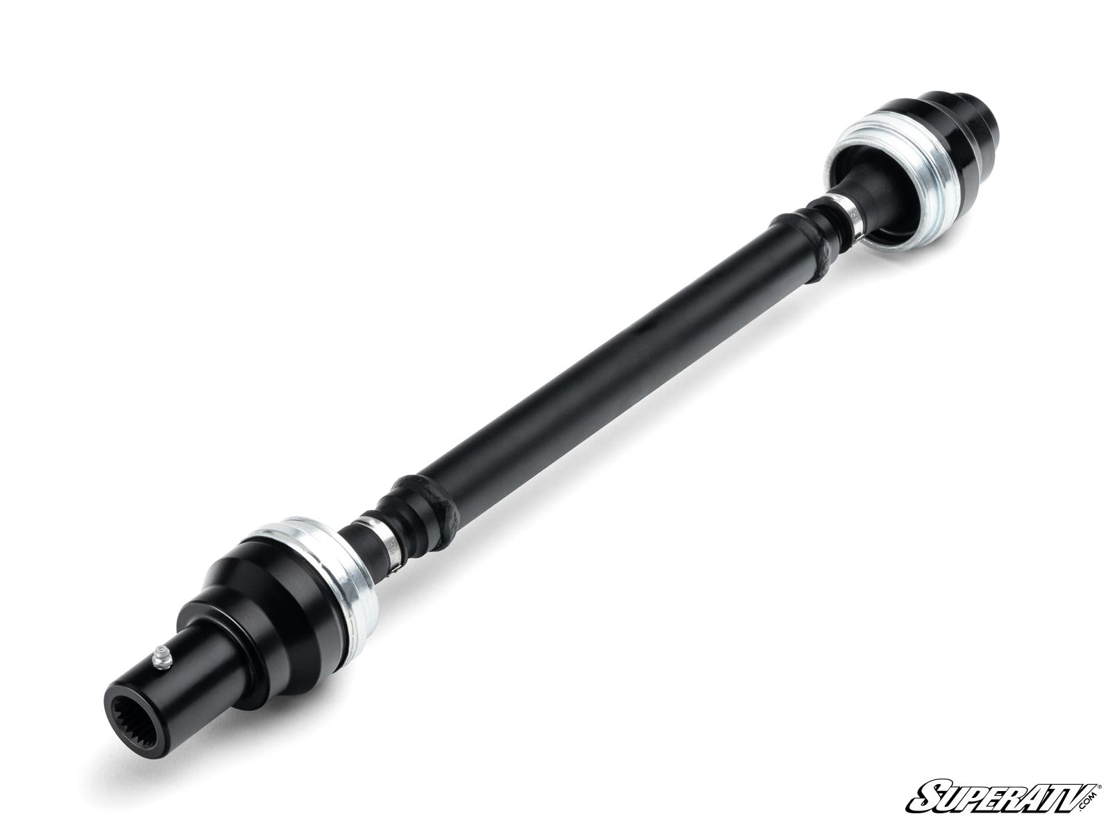 A black and silver cylindrical Up & Running Polaris RZR XP 1000 Prop Shaft Replacement with protective boots and joints on both ends, metallic rings near the joints, a white background, and the SuperATV logo in the bottom right.