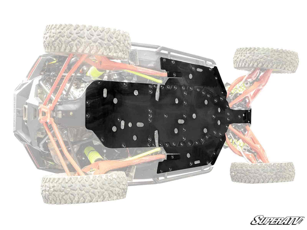 A bottom view shows a Polaris RZR Pro R Full Skid Plate in black metal attached underneath an off-road vehicle, with the vehicle partially faded to highlight the skid plate. Four rugged tires, suspension parts, and the SuperATV logo are visible.