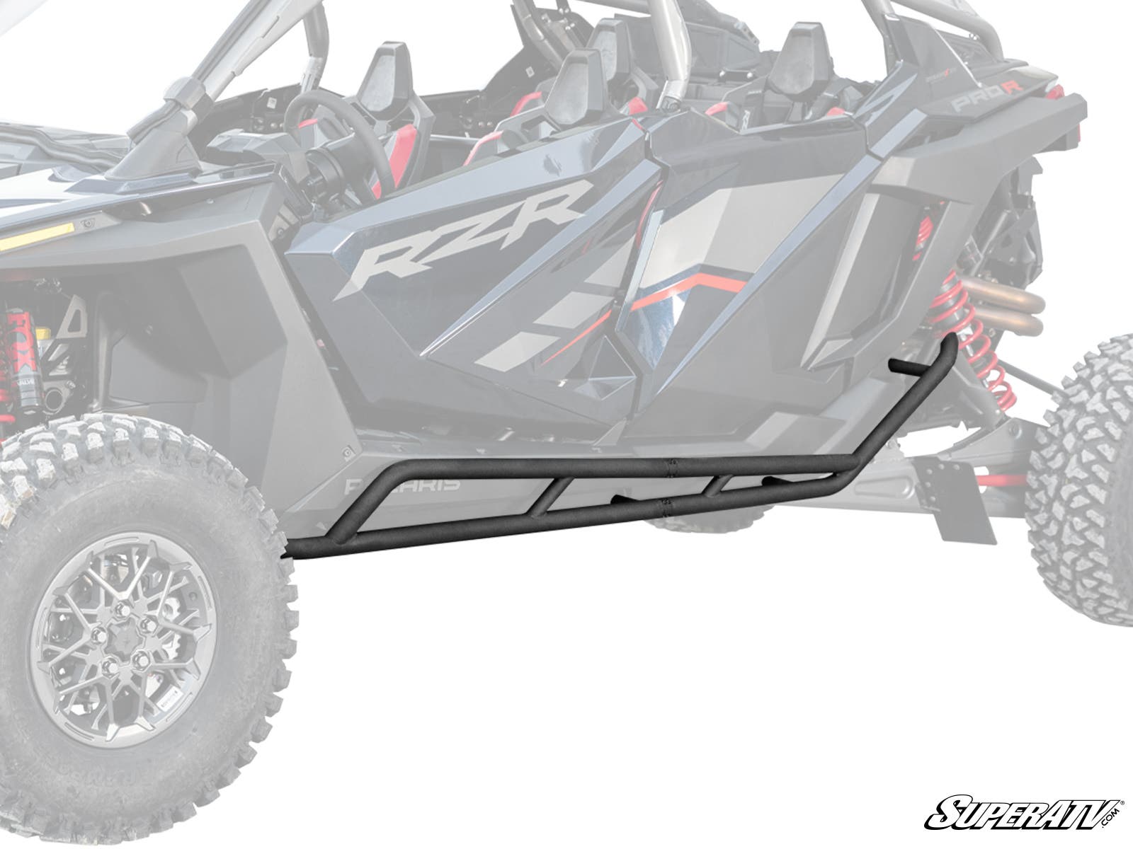 A Polaris RZR Pro R 4 Heavy-Duty Nerf Bar with a black, angular, rugged metal design is installed along the side of a Polaris RZR off-road vehicle, with the grayscale background emphasizing the nerf bar in the foreground.